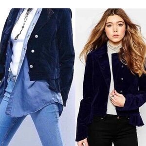 FREE PEOPLE navy blue velvet military raw hem blazer jacket, size medium